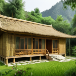 **

A cozy, modern house built with bamboo in a lush, green environment, possibly Yunnan, China. The design should highlight the natural texture and light color of bamboo. Focus on sustainability and comfort, showcasing the home blending harmoniously with nature.

**