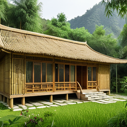 **

A cozy, modern house built with bamboo in a lush, green environment, possibly Yunnan, China. The design should highlight the natural texture and light color of bamboo. Focus on sustainability and comfort, showcasing the home blending harmoniously with nature.

**