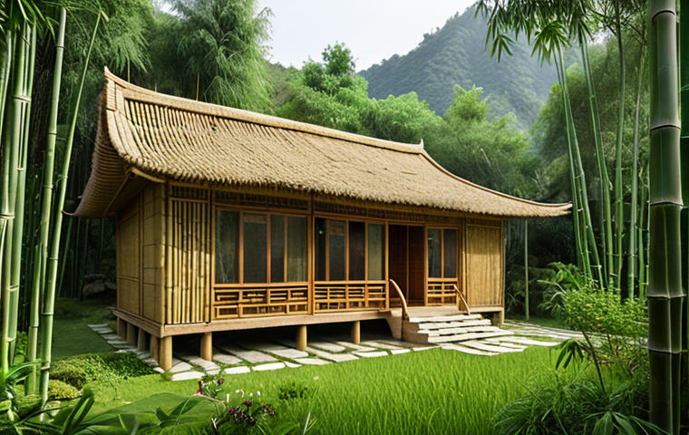 **

A cozy, modern house built with bamboo in a lush, green environment, possibly Yunnan, China. The design should highlight the natural texture and light color of bamboo. Focus on sustainability and comfort, showcasing the home blending harmoniously with nature.

**