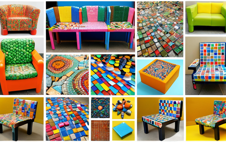 **

A vibrant collage showcasing the transformation of waste plastic into new, useful items. Depict PET bottles being recycled into colorful clothing fabric, sturdy furniture like chairs and tables, and artistic decorations such as mosaics and sculptures. The style should be bright and optimistic, emphasizing the creative potential of recycling.

**