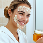 Honey Oatmeal Mask Application**

A woman with clear, healthy skin applying a homemade honey oatmeal mask in a bright, clean bathroom. The mask is a smooth paste, and she is smiling gently. Focus on the natural ingredients and the calming atmosphere. Fully clothed, modest attire, safe for work, appropriate content, perfect anatomy, natural proportions, professional, high quality.

**