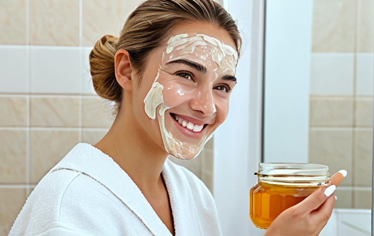 Honey Oatmeal Mask Application**

A woman with clear, healthy skin applying a homemade honey oatmeal mask in a bright, clean bathroom. The mask is a smooth paste, and she is smiling gently. Focus on the natural ingredients and the calming atmosphere. Fully clothed, modest attire, safe for work, appropriate content, perfect anatomy, natural proportions, professional, high quality.

**